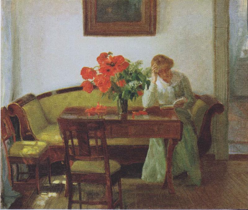 Anna Ancher Interior with poppies and reading woman china oil painting image